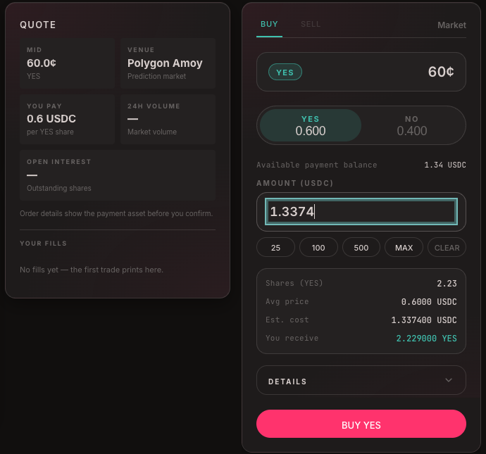 Yamata prediction market interface for the ETH position on Polygon.